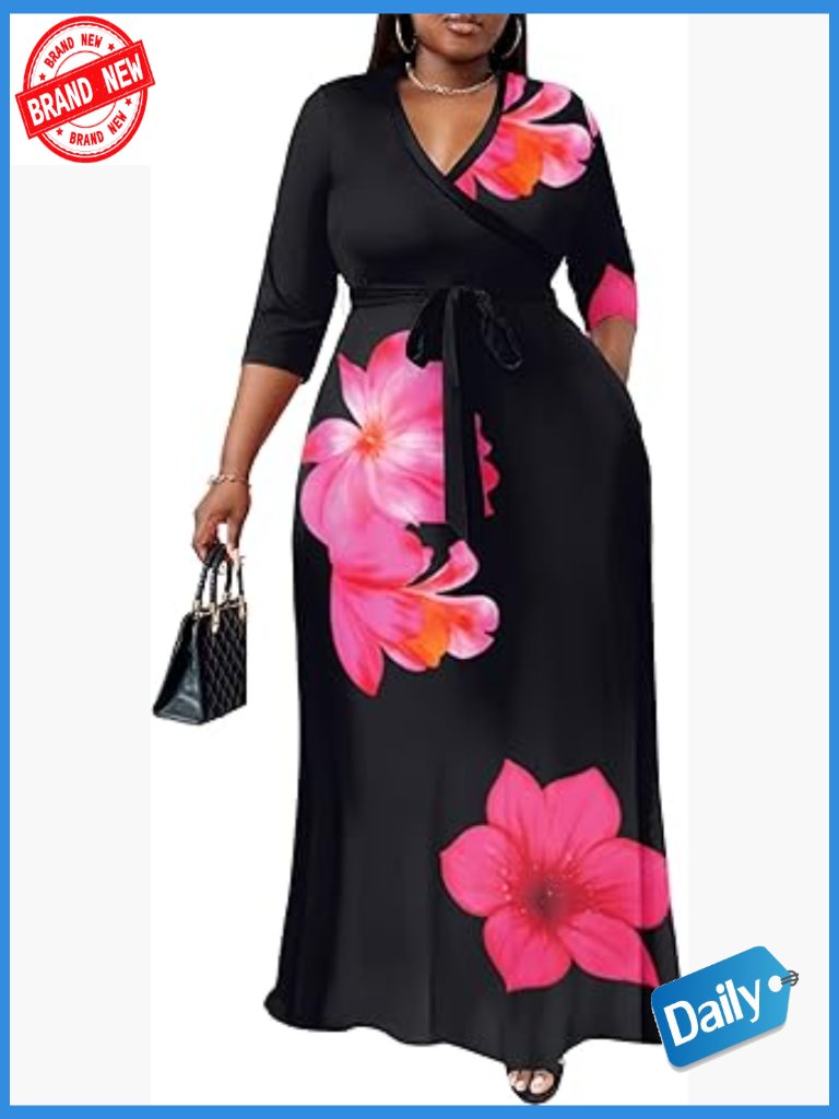 Plus Size Maxi Dress - 3/4 Sleeve Floral Flowy Long Dress With Belt